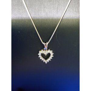 Vtge Signed CU 925 Cubic Zirconia Heart Pendant on 17.7" Box Chain, marked 925 I